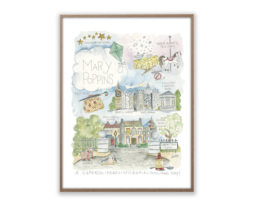 Mary Poppins Watercolor Story Map Print: 11" x 14"