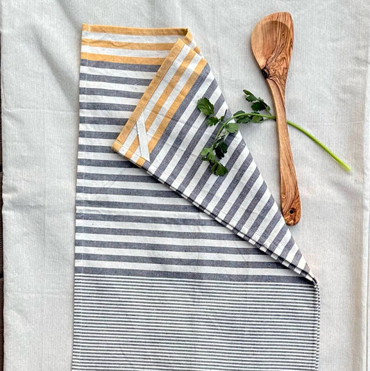 Yellow and Gray Stripe Cotton Tea Towels - Set of 2