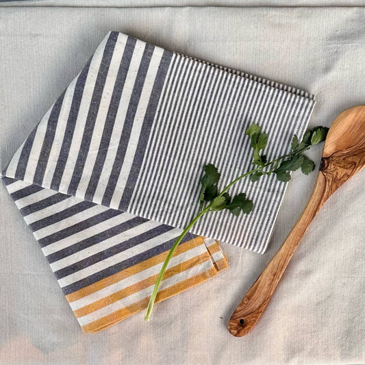 Yellow and Gray Stripe Cotton Tea Towels - Set of 2